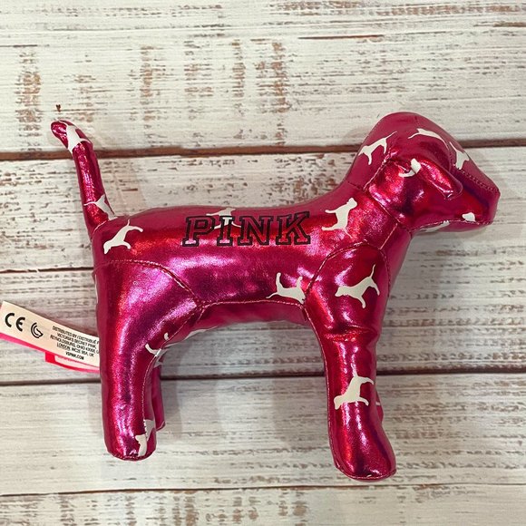 Victoria's Secret PINK Iconic Dog Print Metallic Shiny Pink Stuffed Mini Dog - Picture 2 of 5
